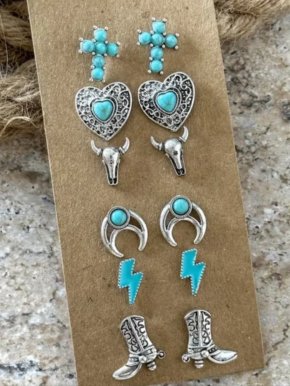 NWT Western Turquoise Silver Plate Stud Earring Set - 6 Pairs Boho Cowgirl Mix